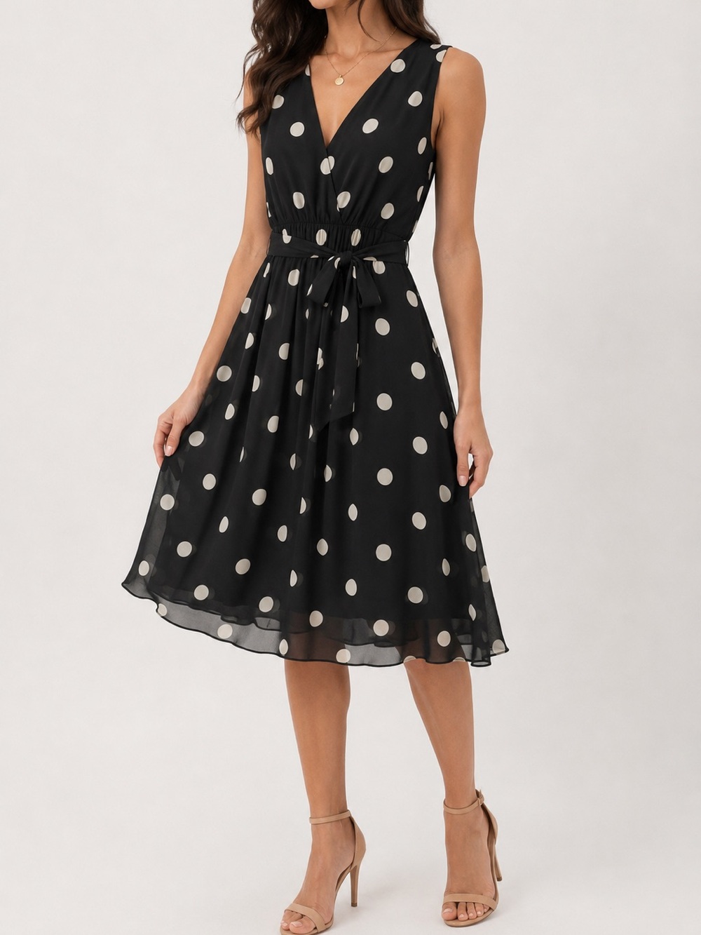 Anne Klein Black Midi Dress with White Polka Dots and Tie Waist
